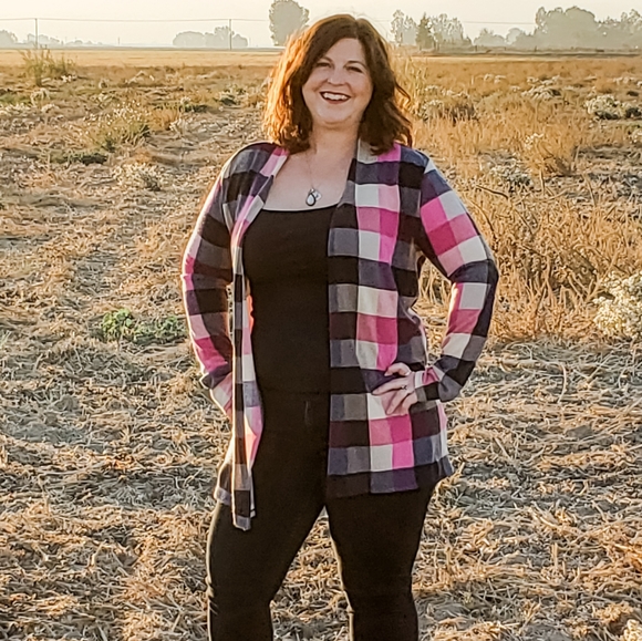 *Plus* Pink/Navy Plaid Cardigan - Picture 2 of 3